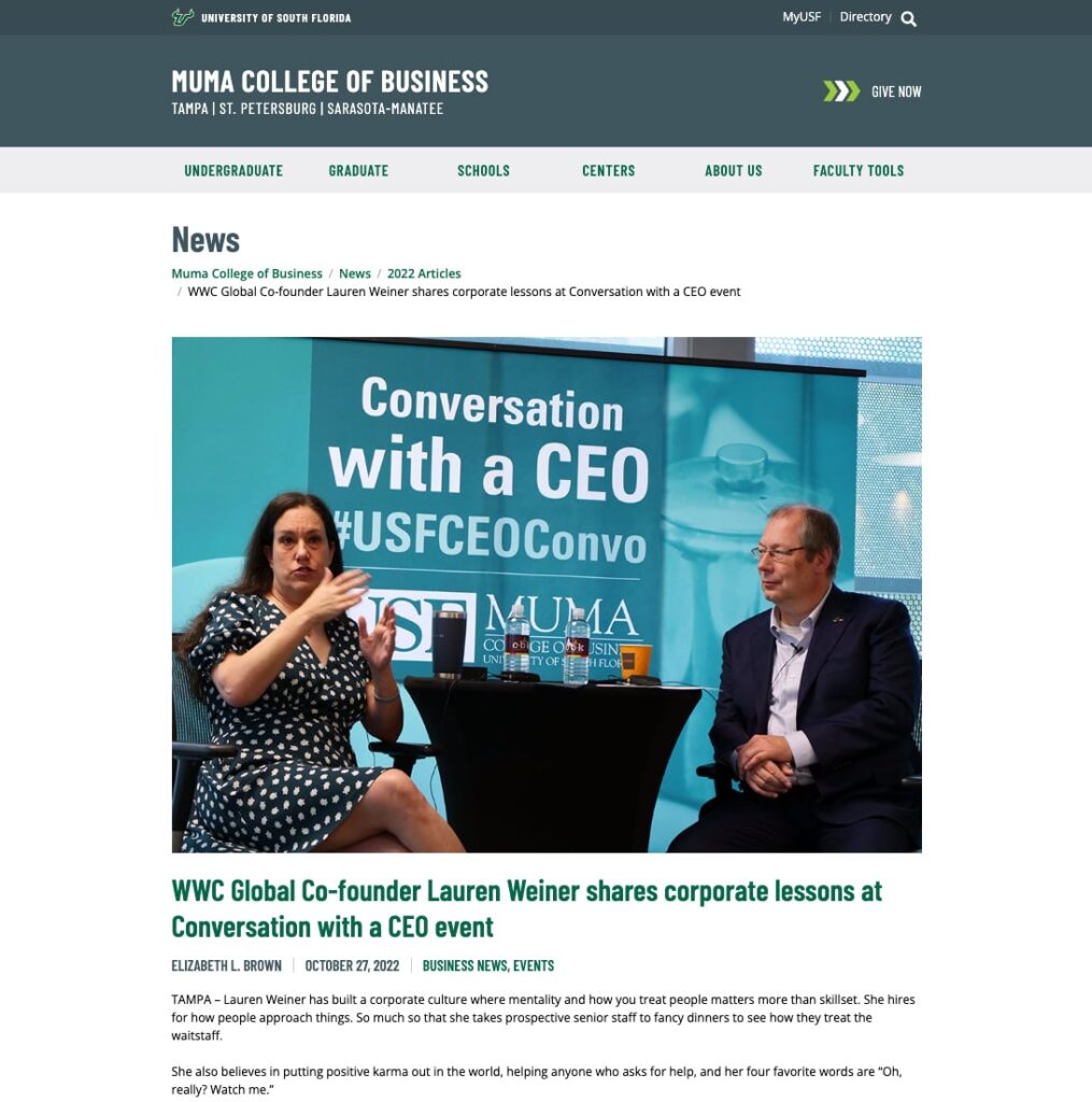 WWC Global Co-founder Lauren Weiner shares corporate lessons at Conversation with a CEO event